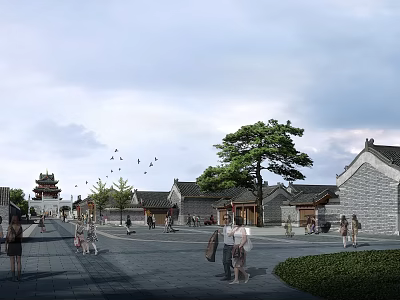 Scenic Ancient Architecture Complex With Street Pine Tree People Walking Under Cloudy Sky 3d model