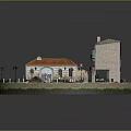 Traditional Building Model With Red Tile Roof Gray Structure Small Path Lawn Boats Street Lamps