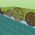 Decorative Garden Ornaments With Arranged Wooden Water Wheels And Lush Green Plants
