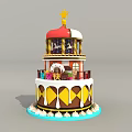 Colorful Multi Tiered Cake With Yellow Brown Layers And Cream Decorations