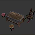 Wooden Furniture Collection Featuring Rectangular Table Chair And Red Cushioned Stools