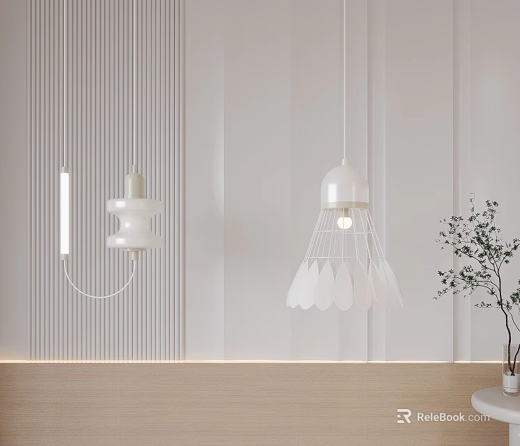 Modern White Pendant Lights With Feather Like Shades And Striped Wall Near Potted Plant 3d model 