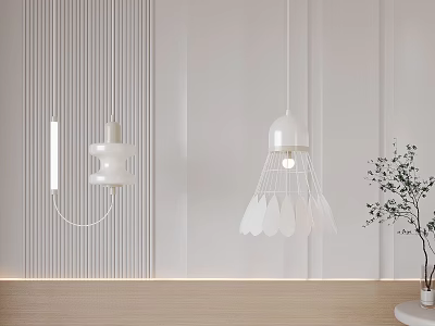 Modern White Pendant Lights With Feather Like Shades And Striped Wall Near Potted Plant 3d model