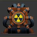 Futuristic Industrial Machinery With Orange Blue Pipes Circular Components And Warning Signs