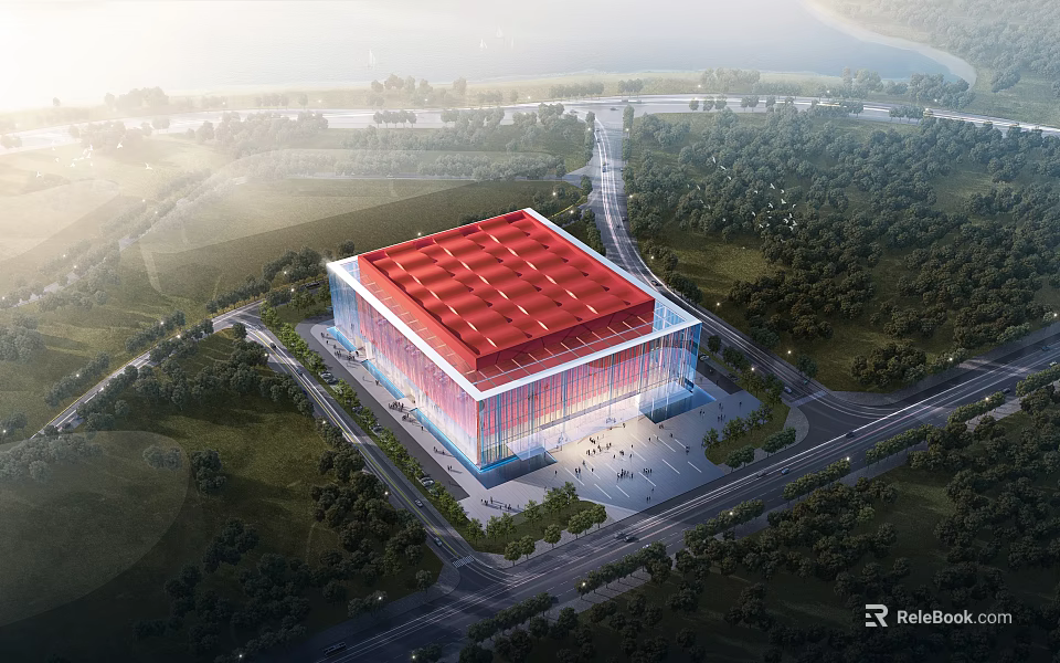 Modern Museum Building With Red Roof And Glass Facade Surrounded By Green Trees 3d model 
