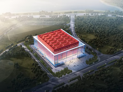 Modern Museum Building With Red Roof And Glass Facade Surrounded By Green Trees 3d model