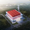 Modern Museum Building With Red Roof And Glass Facade Surrounded By Green Trees