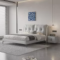Modern Double Bed With Upholstered Headboard Neutral Bedding Nightstand And Abstract Wall Art