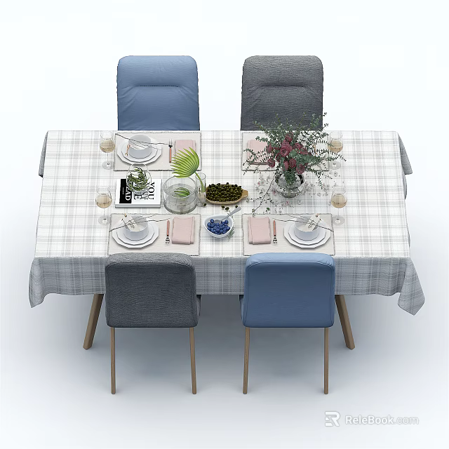 Dining Table Set with Checkered Tablecloth Blue Gray Chairs and Tableware Green Plants 3d model 