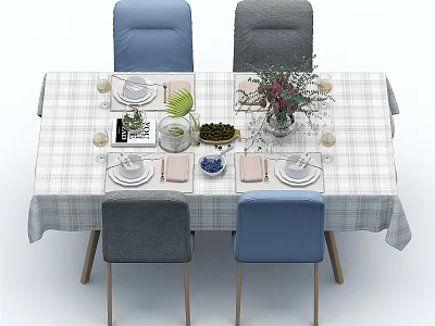 Dining Table Set with Checkered Tablecloth Blue Gray Chairs and Tableware Green Plants 3d model