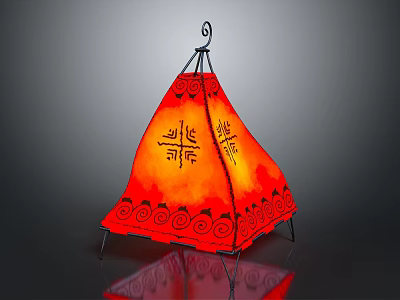 Traditional Red Conical Decorative Lamp With Black Patterns And Chinese Characters Illuminated Stand 3d model