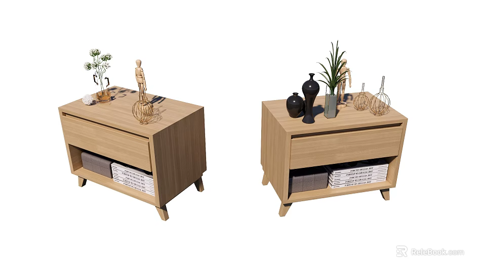 Modern Wooden Nightstands With Decorative Plants Vases And Storage Baskets 3d model 
