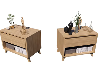 Modern Wooden Nightstands With Decorative Plants Vases And Storage Baskets 3d model