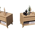 Modern Wooden Nightstands With Decorative Plants Vases And Storage Baskets
