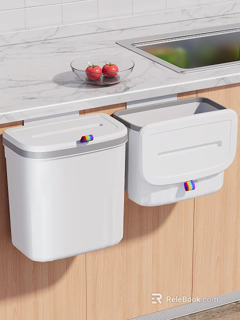 White Kitchen Sink With Wall Mounted Trash Bins And Marble Countertop 3d model 