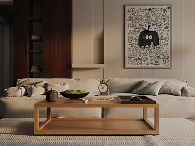 Modern Light Colored Three Seater Sofa With Wooden Coffee Table Fruit Bowl And Wall Art 3d model