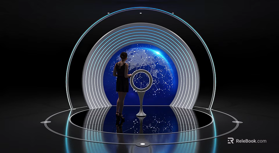 Woman Standing At Arched Tech Showcase With Blue Globe And Computer 3d model 