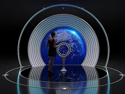 Woman Standing At Arched Tech Showcase With Blue Globe And Computer 3d model