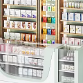Modern Organized Pharmacy Interior With Shelves Stocked Medications Service Counter And Clear Displays