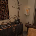 Distressed Wooden Entryway And Side Cabinets With Beige Armchair Geometric Art Dried Branch And Greenery