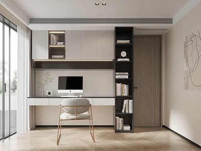 Elegant Modern Study Room Interior With Wooden Desk Computer Bookshelf And Natural Light 3d model