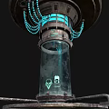 Industrial Equipment With Circular Top Blue Lights Transparent Middle Section Metal Base And Supporting Brackets
