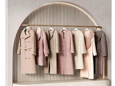 Stylish Winter Coats On Arch Display Rack With Soft Neutral Tones 3d model