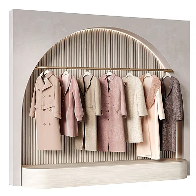 Stylish Winter Coats On Arch Display Rack With Soft Neutral Tones 3d model