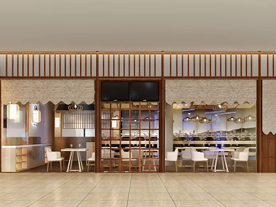 Modern Mall Store Exterior With Wooden Decor Glass Facade And Interior Tables Chairs 3d model