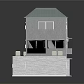 Two Story Gray House Building With Light Blue Roof Multiple Windows And Brick Base