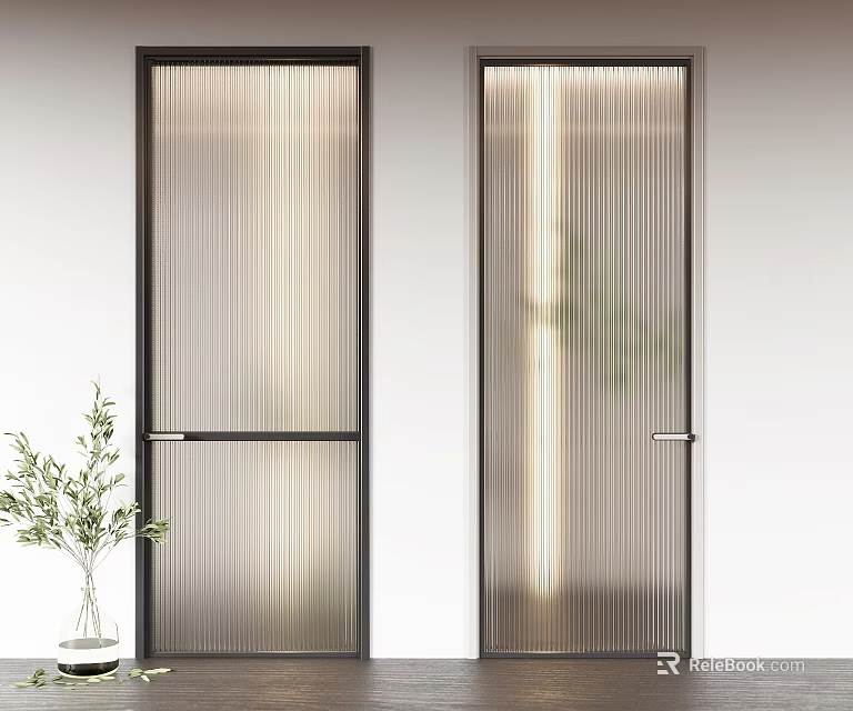 Bright Modern Hinged Doors With Ribbed Glass Black Frames And Green Plant Near White Walls 3d model 