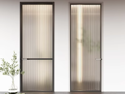 Bright Modern Hinged Doors With Ribbed Glass Black Frames And Green Plant Near White Walls 3d model