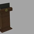 Two Wooden Podiums With HP Logo And Red Screen Display Stand