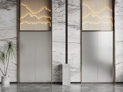 Modern Public Facility Elevator Lobby With Marble Walls Wooden Grilles And Light Strips 3d model