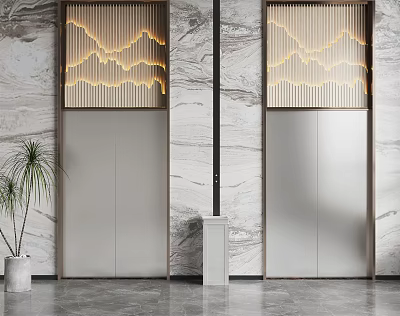 Modern Public Facility Elevator Lobby With Marble Walls Wooden Grilles And Light Strips 3d model