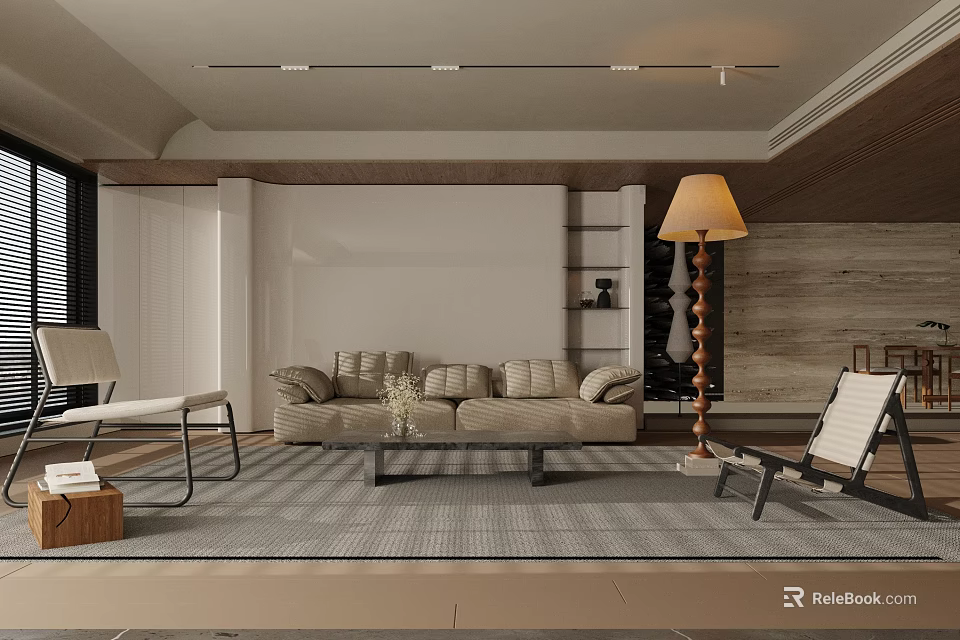 Modern Warm Living Room Interior With Comfortable Sofa Lounge Chairs Coffee Table And Elegant Decor 3d model 
