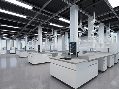 Modern Laboratory Interior With Open Benches Instruments Hanging Lights And Large Windows 3d model