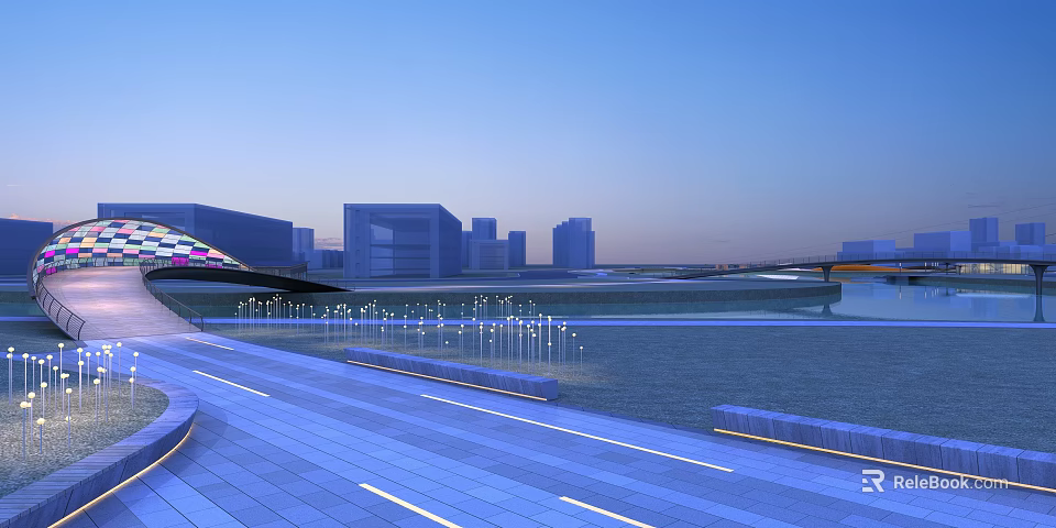 Modern City Bridge With Illuminated Lights And Waterfront Skyline At Dusk 3d model 