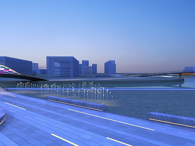 Modern City Bridge With Illuminated Lights And Waterfront Skyline At Dusk 3d model