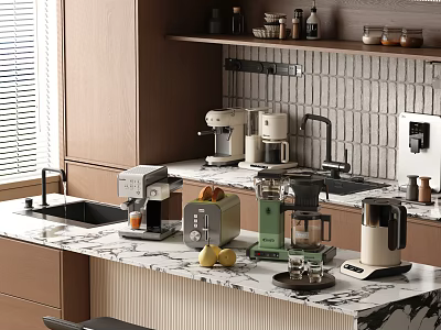 Modern Kitchen With Various Appliances On Marble Countertop And Wooden Cabinets 3d model