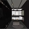 Modern Walk In Closet Interior With Glass Doors Hanging Clothes Storage Cabinets Stool And Rug