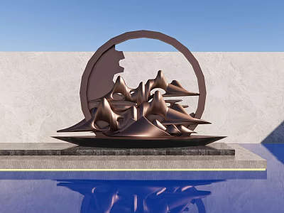 Bronze Sculpture With Circular Frame And Mountain Shapes By Pool Featuring Water Reflection 3d model