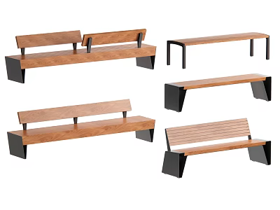 Modern Wooden Landscape Benches With Black Metal Legs And Various Styles 3d model