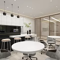 Modern Office Corridor Featuring Blue Wall Reception Desk Hanging Pendant Lights And Glass Door