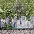 Garden Ornament With Green Plant Wall Stone Landscape Small Waterfall Pool And Diverse Plants
