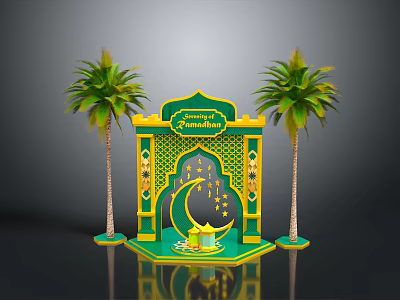 Elegant Eid Mubarak Themed Furniture Decorated With Crescent Moon Stars And Palm Trees 3d model