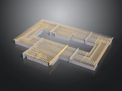 Detailed Architectural Building Model With Frame Structure And Golden Rods Rectangular Layout 3d model