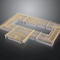 Detailed Architectural Building Model With Frame Structure And Golden Rods Rectangular Layout