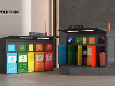 Garbage Sorting Station With Colorful Classification Bins And Clear Signage For Waste Categories 3d model