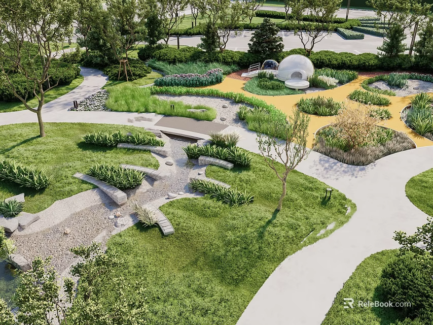 Beautiful Park Landscape With Lush Green Grass Walking Paths Trees And Circular Rest Area 3d model 